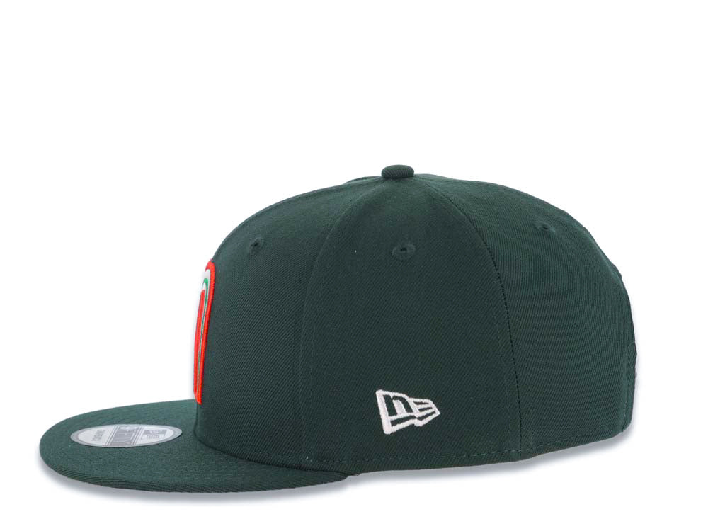 Mexico New Era 9FIFTY 950 Snapback Cap Hat Dark Green Crown/Visor Red/White/Green Logo Mexico Flag Side Patch Gray UV