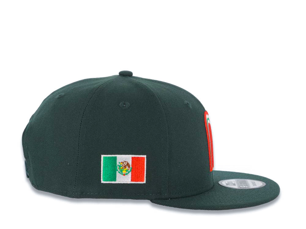 Mexico New Era 9FIFTY 950 Snapback Cap Hat Dark Green Crown/Visor Red/White/Green Logo Mexico Flag Side Patch Gray UV