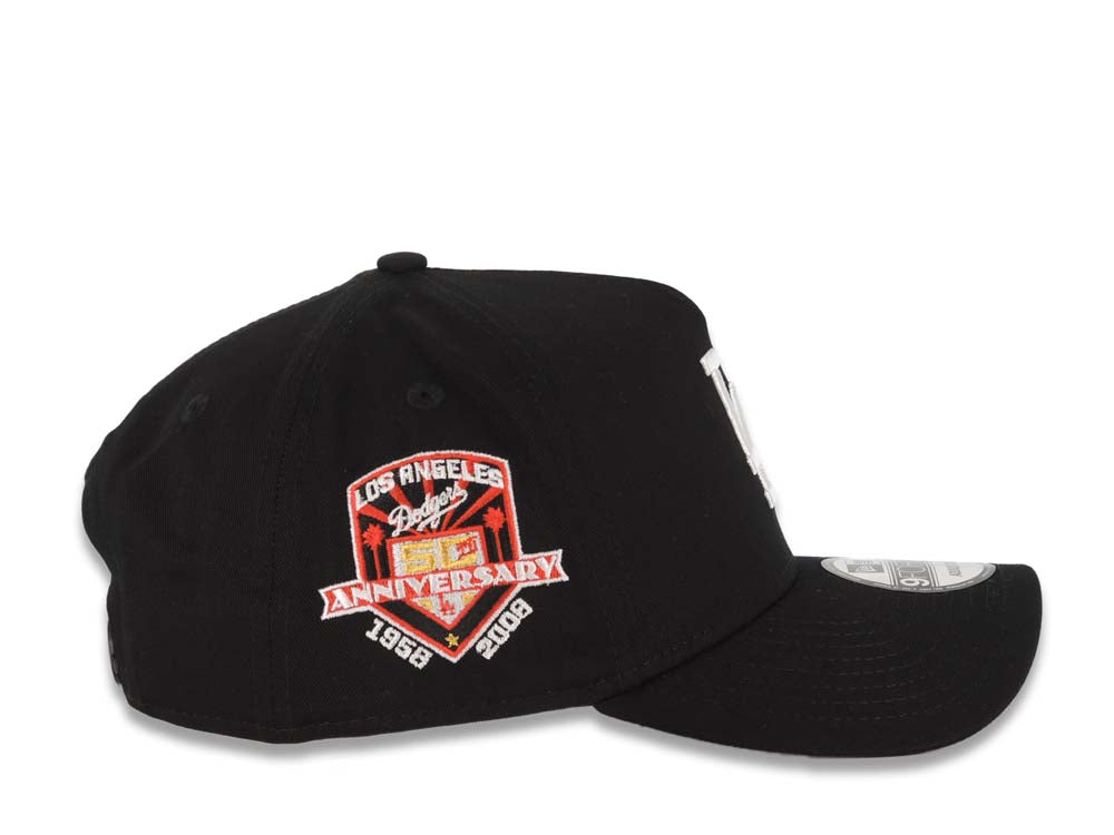 Los Angeles Dodgers New Era MLB 9FORTY 940 Adjustable A-Frame Adjustable Snapback Cap Hat Black Crown/Visor White Logo With Palm Tree 50th Anniversary Side Patch