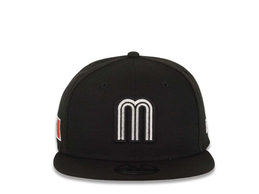 Mexico New Era WBC FIFTY 950 Snapback Cap Hat Black Crown/Visor White/Black Logo Mexico Flag Side Patch Gray UV