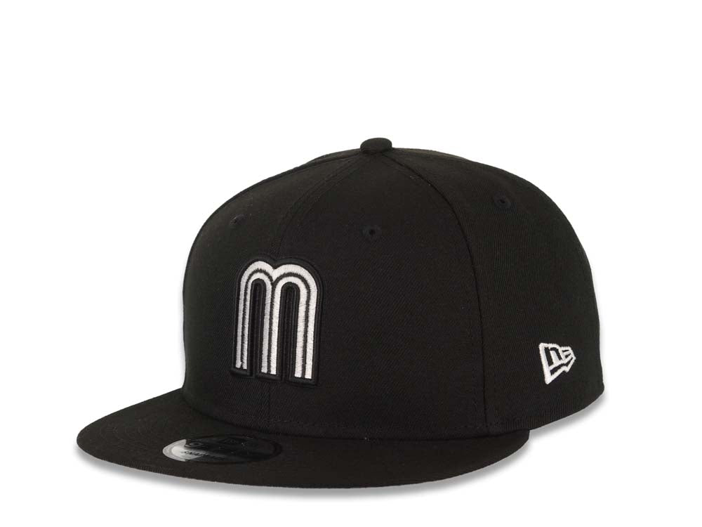 Mexico New Era WBC FIFTY 950 Snapback Cap Hat Black Crown/Visor White/Black Logo Mexico Flag Side Patch Gray UV