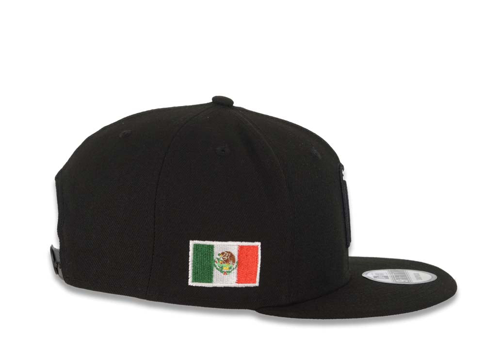 Mexico New Era WBC FIFTY 950 Snapback Cap Hat Black Crown/Visor White/Black Logo Mexico Flag Side Patch Gray UV