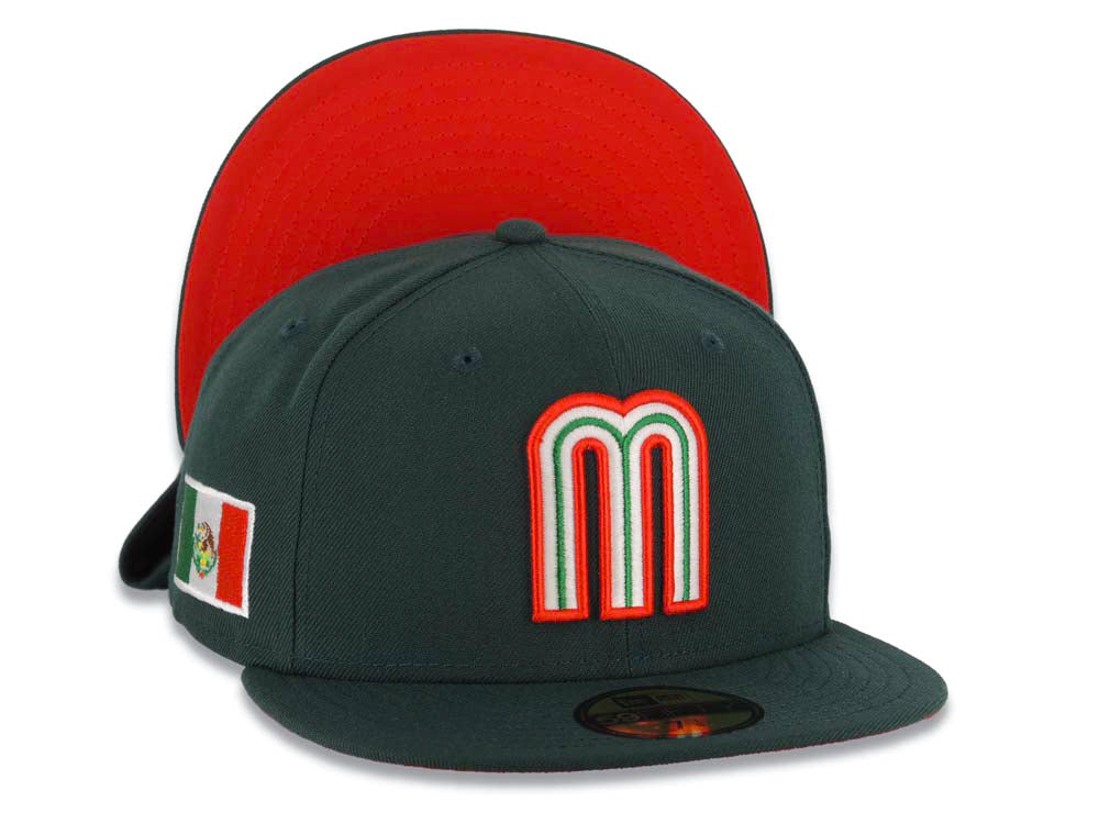 Mexico New Era WBC 59FIFTY 5950 Fitted Cap Hat Dark Green Crown/Visor Team Color Logo Mexico Flag Side Patch Red UV