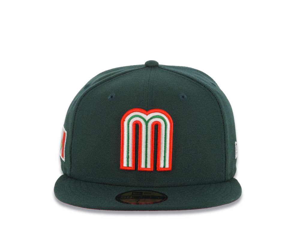 Mexico New Era WBC 59FIFTY 5950 Fitted Cap Hat Dark Green Crown/Visor Team Color Logo Mexico Flag Side Patch Red UV