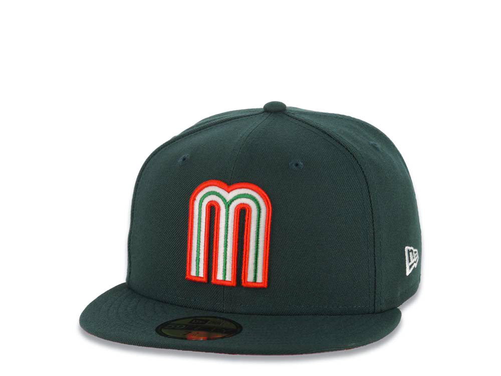 Mexico New Era WBC 59FIFTY 5950 Fitted Cap Hat Dark Green Crown/Visor Team Color Logo Mexico Flag Side Patch Red UV