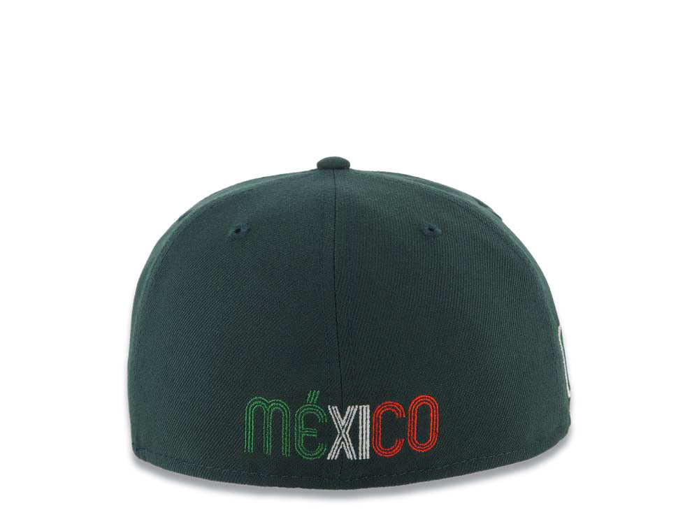 Mexico New Era WBC 59FIFTY 5950 Fitted Cap Hat Dark Green Crown/Visor Team Color Logo Mexico Flag Side Patch Red UV