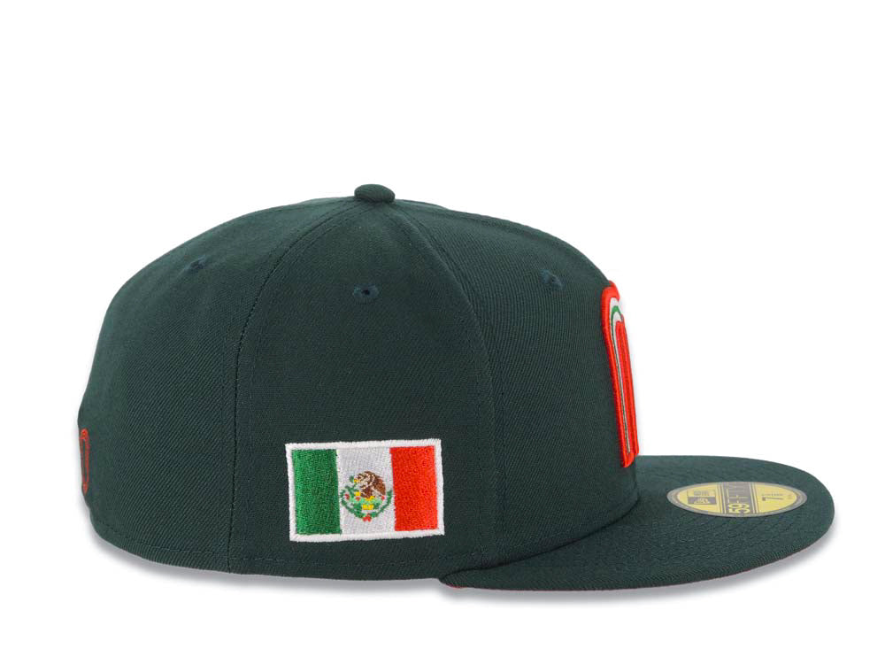 Mexico New Era WBC 59FIFTY 5950 Fitted Cap Hat Dark Green Crown/Visor Team Color Logo Mexico Flag Side Patch Red UV