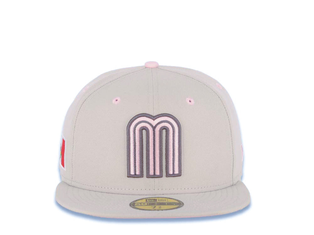 Mexico New Era WBC 59FIFTY 5950 Fitted Cap Hat Stone Crown/Visor Pink/Dark Gray Logo Mexico Flag Side Patch Pink UV