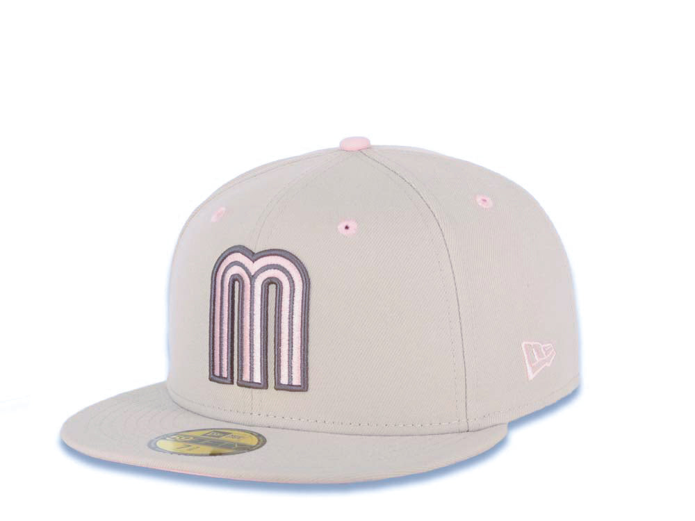 Mexico New Era WBC 59FIFTY 5950 Fitted Cap Hat Stone Crown/Visor Pink/Dark Gray Logo Mexico Flag Side Patch Pink UV