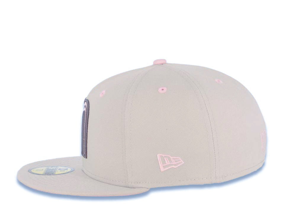 Mexico New Era WBC 59FIFTY 5950 Fitted Cap Hat Stone Crown/Visor Pink/Dark Gray Logo Mexico Flag Side Patch Pink UV
