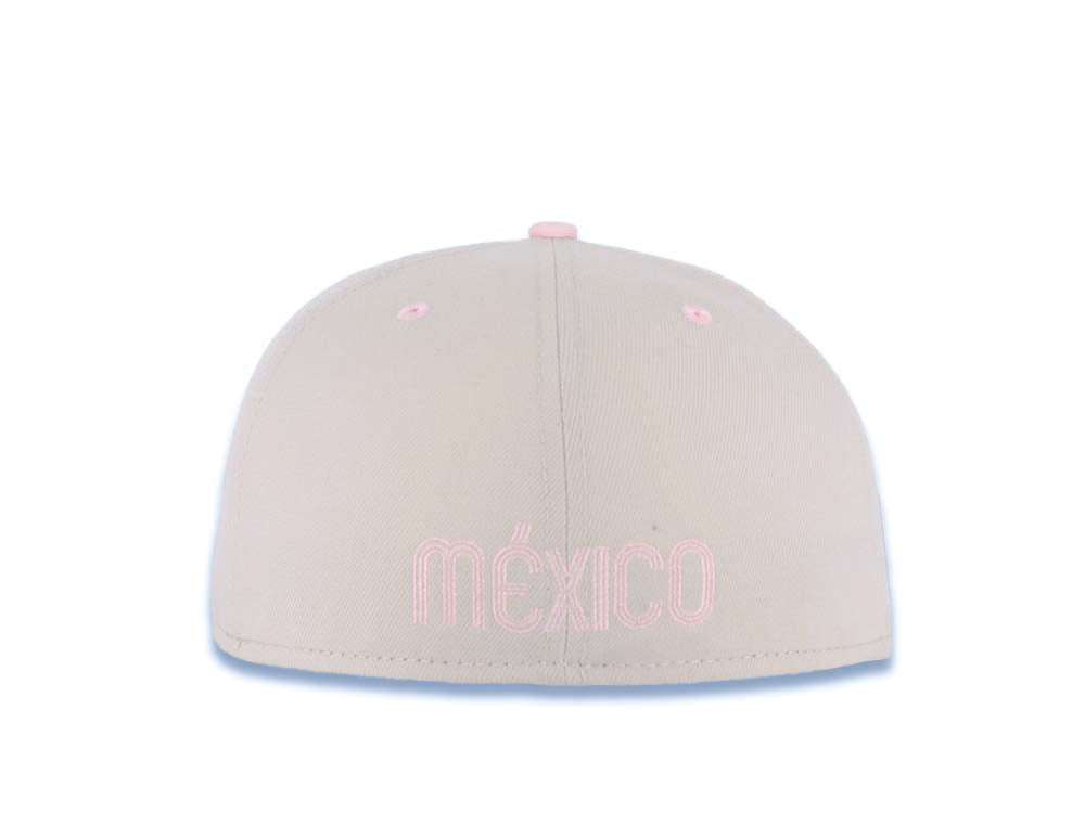 Mexico New Era WBC 59FIFTY 5950 Fitted Cap Hat Stone Crown/Visor Pink/Dark Gray Logo Mexico Flag Side Patch Pink UV