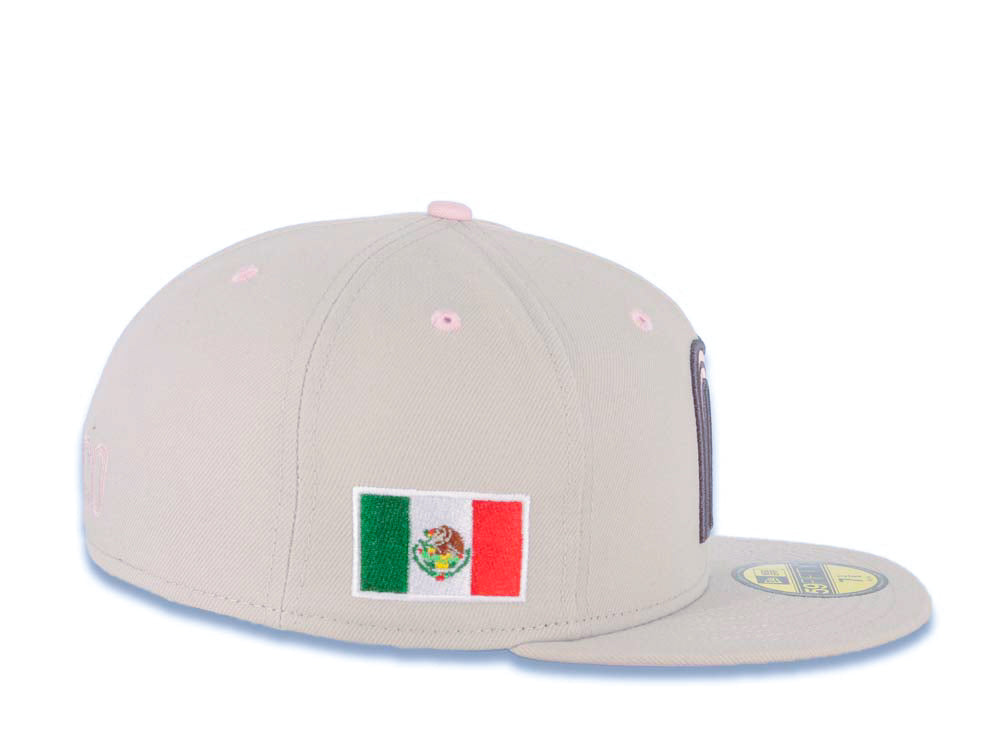 Mexico New Era WBC 59FIFTY 5950 Fitted Cap Hat Stone Crown/Visor Pink/Dark Gray Logo Mexico Flag Side Patch Pink UV