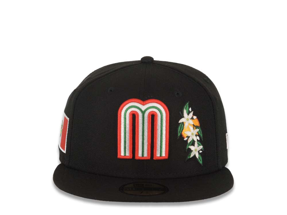Mexico New Era WBC 59FIFTY 5950 Fitted Cap Hat Black Crown/Visor Red/White/Green Logo With Flower Mexico Flag Side Patch Gray UV