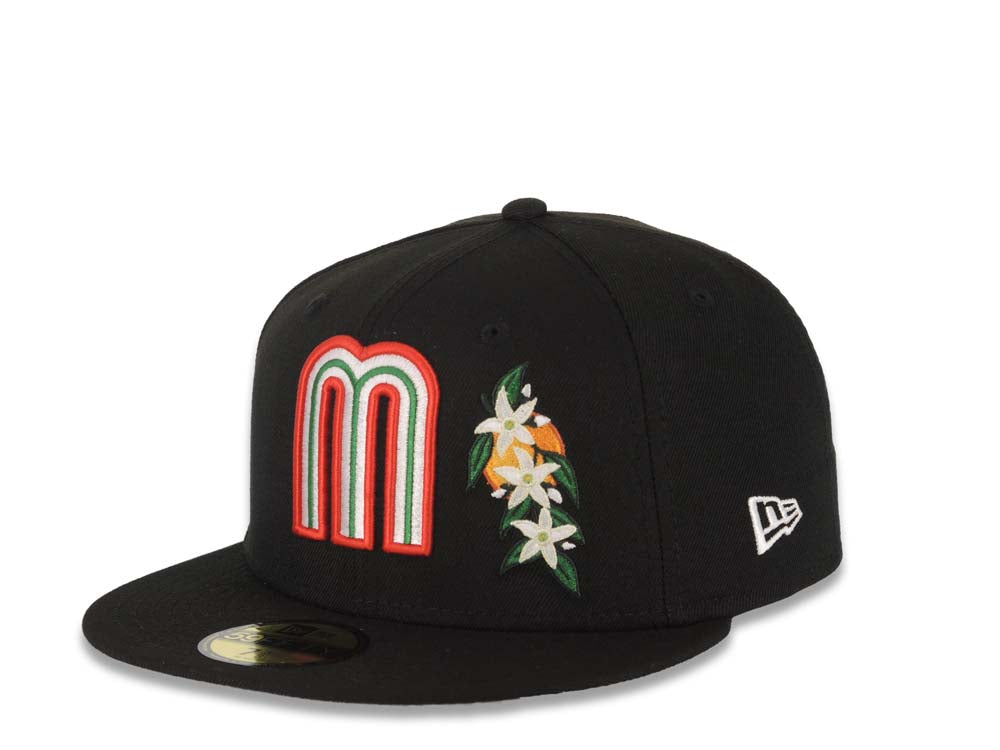 Mexico New Era WBC 59FIFTY 5950 Fitted Cap Hat Black Crown/Visor Red/White/Green Logo With Flower Mexico Flag Side Patch Gray UV