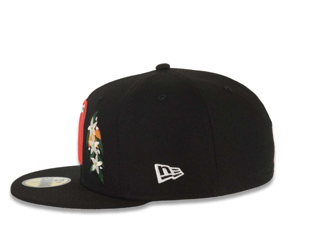 Mexico New Era WBC 59FIFTY 5950 Fitted Cap Hat Black Crown/Visor Red/White/Green Logo With Flower Mexico Flag Side Patch Gray UV