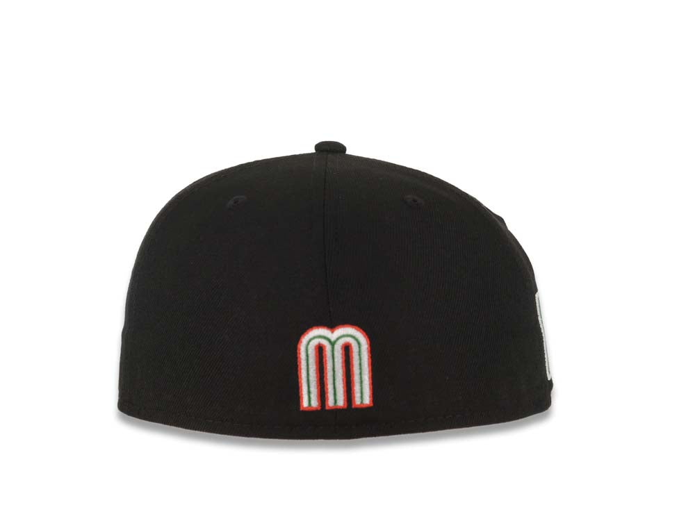 Mexico New Era WBC 59FIFTY 5950 Fitted Cap Hat Black Crown/Visor Red/White/Green Logo With Flower Mexico Flag Side Patch Gray UV