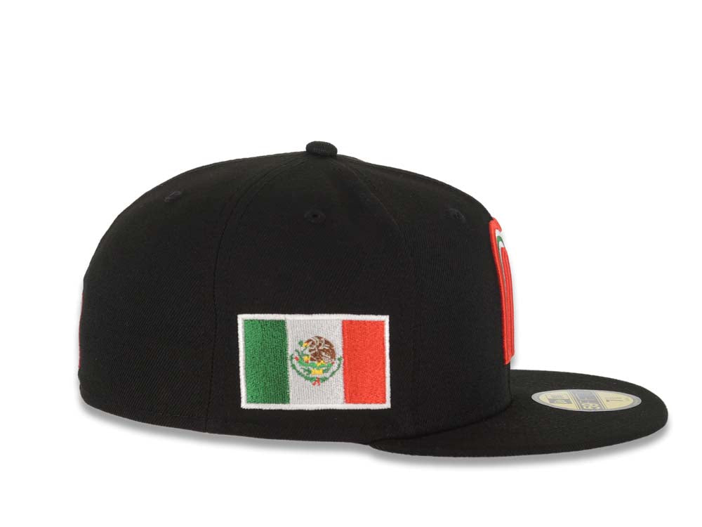 Mexico New Era WBC 59FIFTY 5950 Fitted Cap Hat Black Crown/Visor Red/White/Green Logo With Flower Mexico Flag Side Patch Gray UV