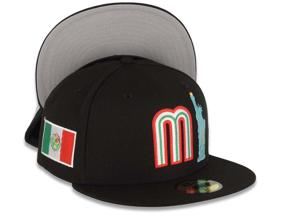Mexico New Era WBC 59FIFTY 5950 Fitted Cap Hat Black Crown/Visor Team Color Logo With Statue Liberty Mexico Flag Side Patch Gray UV