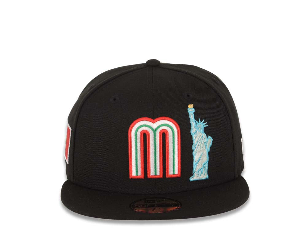 Mexico New Era WBC 59FIFTY 5950 Fitted Cap Hat Black Crown/Visor Team Color Logo With Statue Liberty Mexico Flag Side Patch Gray UV