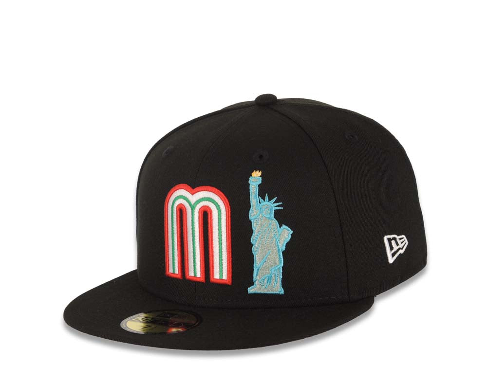 Mexico New Era WBC 59FIFTY 5950 Fitted Cap Hat Black Crown/Visor Team Color Logo With Statue Liberty Mexico Flag Side Patch Gray UV