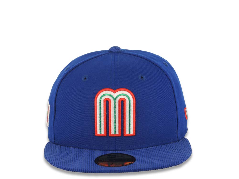 Mexico New Era WBC 59FIFTY 5950 Fitted Cap Hat Royal Blue Crown/Visor Team Color Logo Mexico Flag Side Patch Gray UV