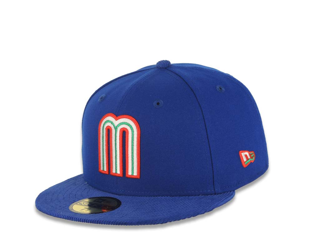 Mexico New Era WBC 59FIFTY 5950 Fitted Cap Hat Royal Blue Crown/Visor Team Color Logo Mexico Flag Side Patch Gray UV