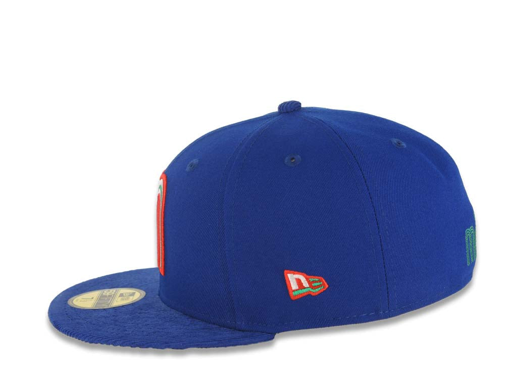 Mexico New Era WBC 59FIFTY 5950 Fitted Cap Hat Royal Blue Crown/Visor Team Color Logo Mexico Flag Side Patch Gray UV