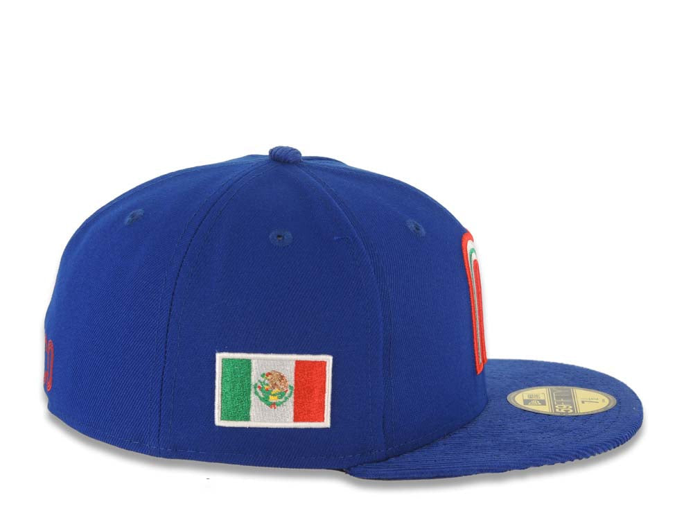 Mexico New Era WBC 59FIFTY 5950 Fitted Cap Hat Royal Blue Crown/Visor Team Color Logo Mexico Flag Side Patch Gray UV