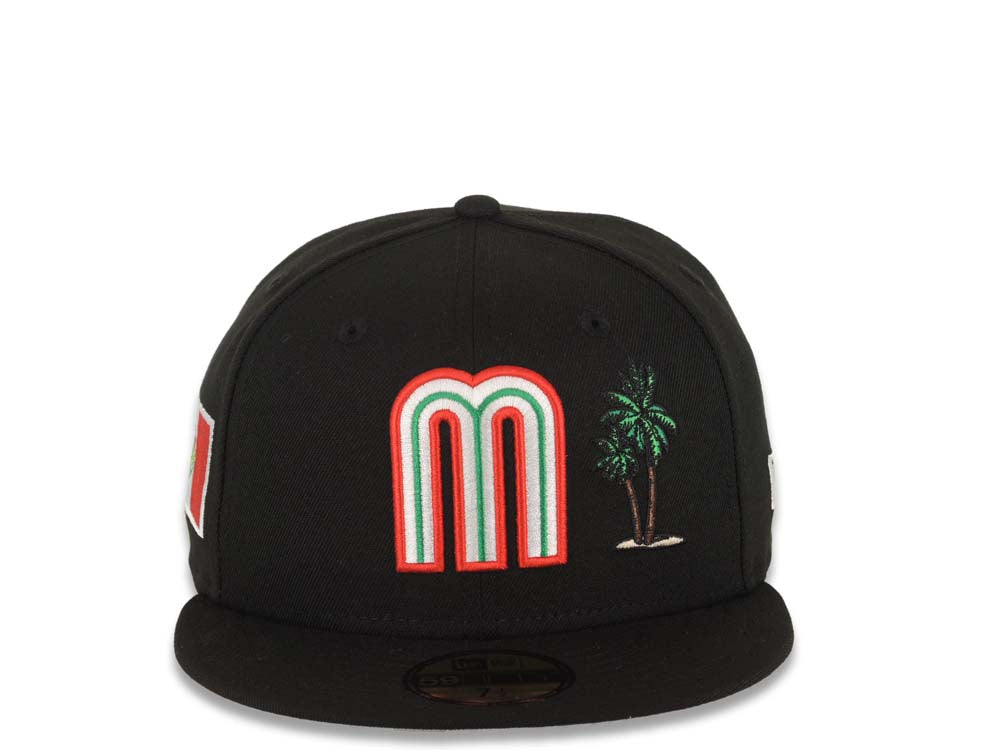 Mexico New Era WBC 59FIFTY 5950 Fitted Cap Hat Black Crown/Visor Team Color Logo With Palm Tree Mexico Flag Side Patch Gray UV