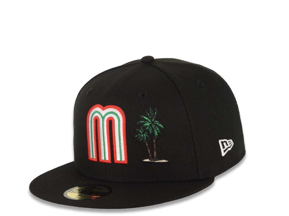 Mexico New Era WBC 59FIFTY 5950 Fitted Cap Hat Black Crown/Visor Team Color Logo With Palm Tree Mexico Flag Side Patch Gray UV