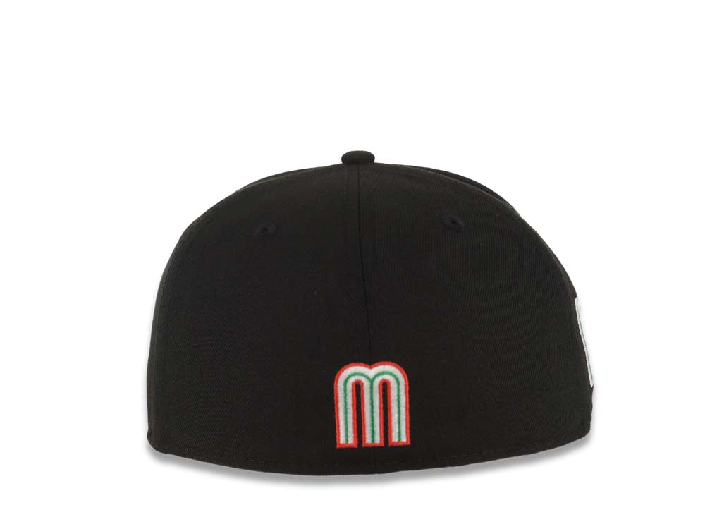 Mexico New Era WBC 59FIFTY 5950 Fitted Cap Hat Black Crown/Visor Team Color Logo With Palm Tree Mexico Flag Side Patch Gray UV