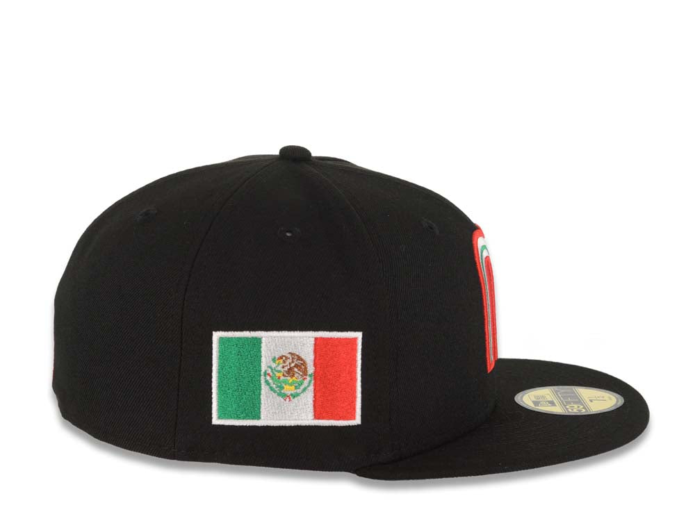 Mexico New Era WBC 59FIFTY 5950 Fitted Cap Hat Black Crown/Visor Team Color Logo With Palm Tree Mexico Flag Side Patch Gray UV