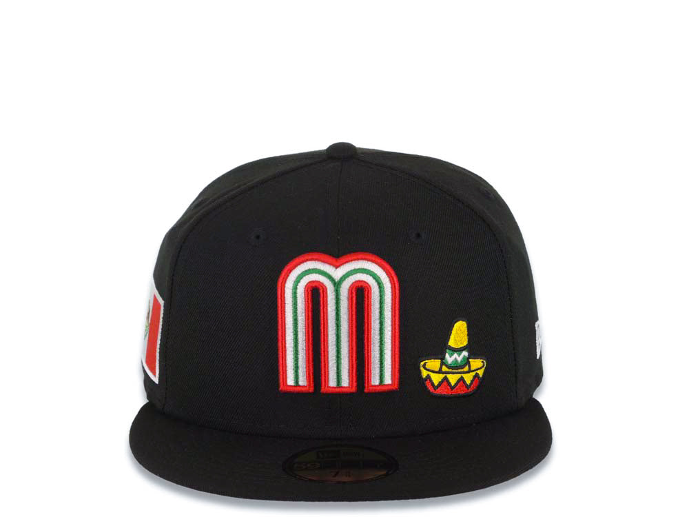 Mexico New Era WBC 59FIFTY 5950 Fitted Cap Hat Black Crown/Visor Team Color Logo With Sombrero Mexico Flag Side Patch Gray UV