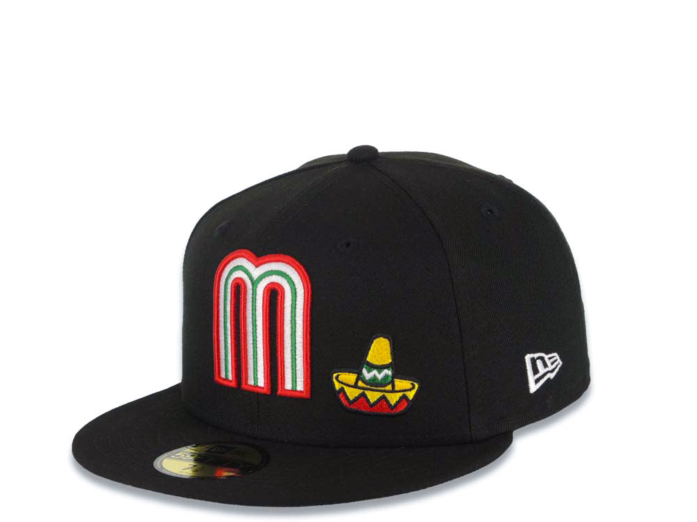 Mexico New Era WBC 59FIFTY 5950 Fitted Cap Hat Black Crown/Visor Team Color Logo With Sombrero Mexico Flag Side Patch Gray UV