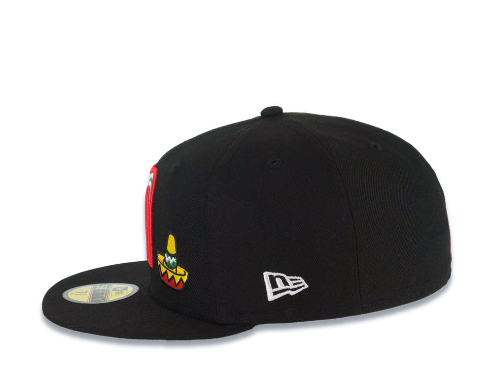 Mexico New Era WBC 59FIFTY 5950 Fitted Cap Hat Black Crown/Visor Team Color Logo With Sombrero Mexico Flag Side Patch Gray UV