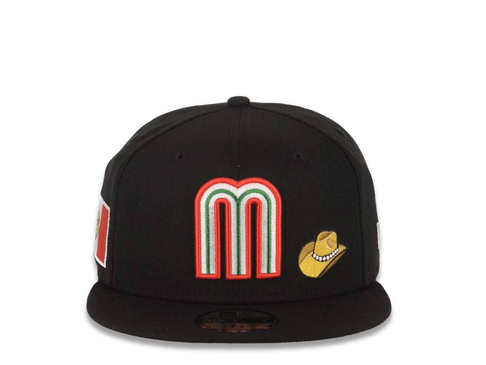Mexico New Era WBC 59FIFTY 5950 Fitted Cap Hat Black Crown/Visor Red/White/Green Logo With Sombrero Hat Mexico Flag Side Patch Gray UV