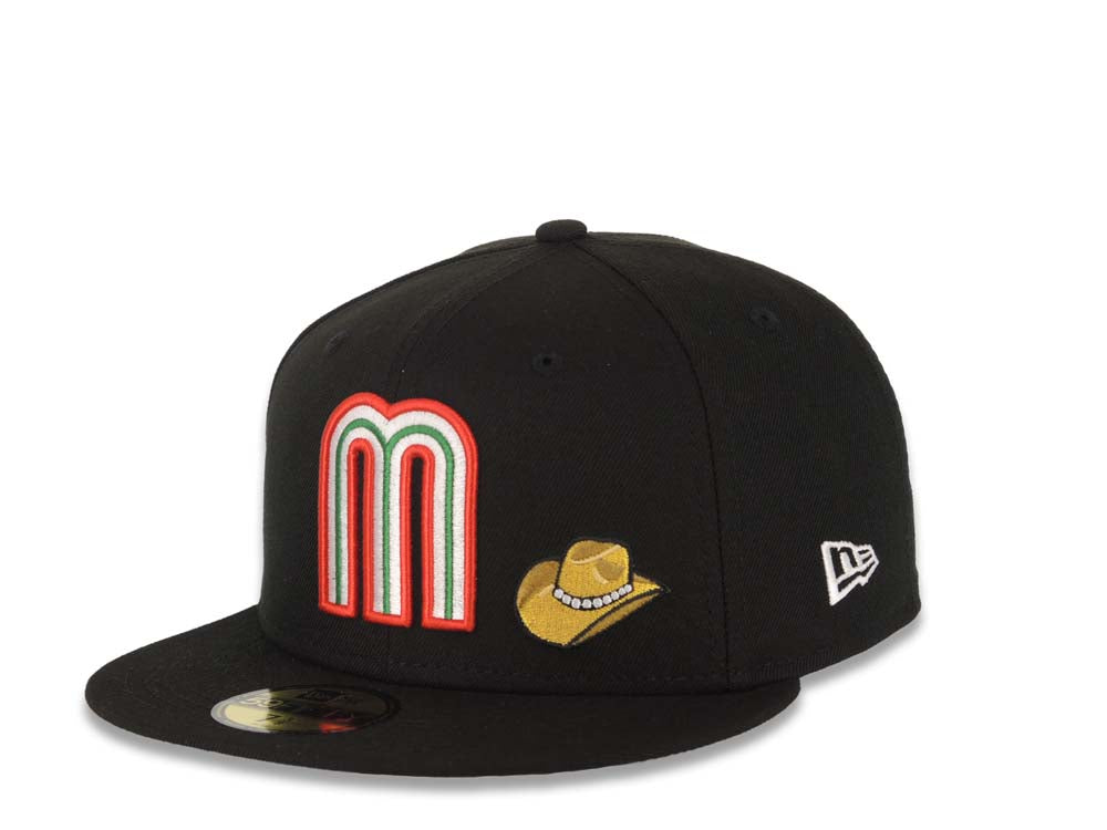 Mexico New Era WBC 59FIFTY 5950 Fitted Cap Hat Black Crown/Visor Red/White/Green Logo With Sombrero Hat Mexico Flag Side Patch Gray UV