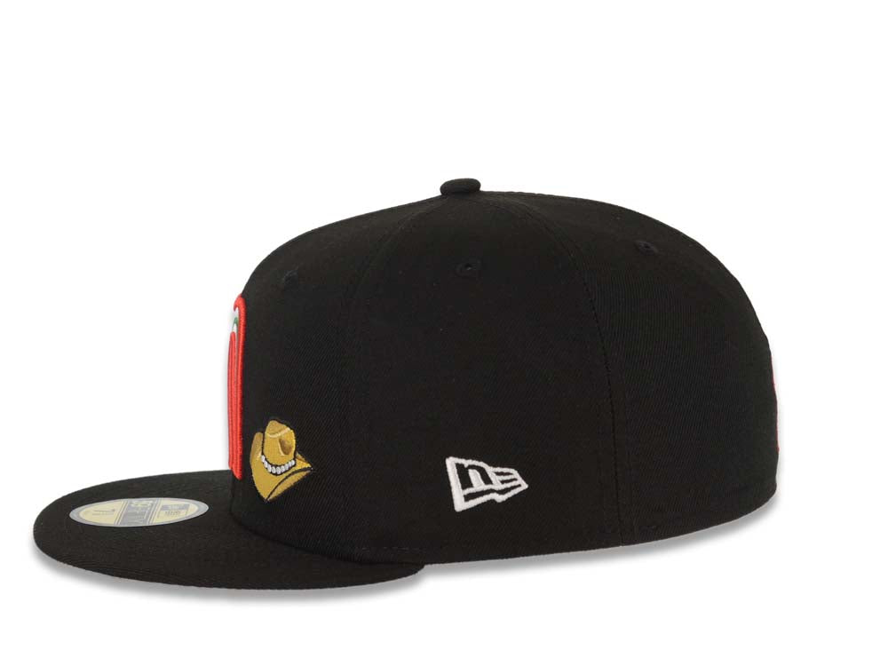 Mexico New Era WBC 59FIFTY 5950 Fitted Cap Hat Black Crown/Visor Red/White/Green Logo With Sombrero Hat Mexico Flag Side Patch Gray UV