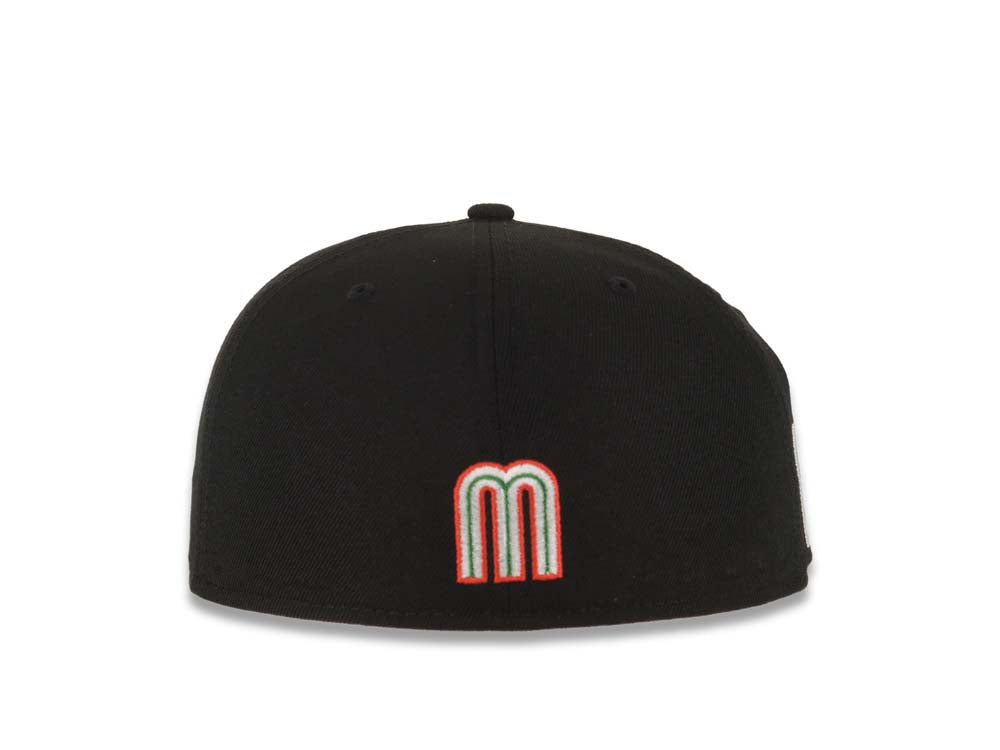 Mexico New Era WBC 59FIFTY 5950 Fitted Cap Hat Black Crown/Visor Red/White/Green Logo With Sombrero Hat Mexico Flag Side Patch Gray UV