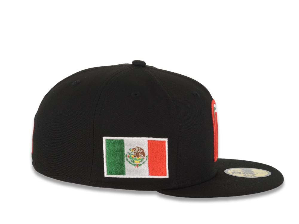 Mexico New Era WBC 59FIFTY 5950 Fitted Cap Hat Black Crown/Visor Red/White/Green Logo With Sombrero Hat Mexico Flag Side Patch Gray UV