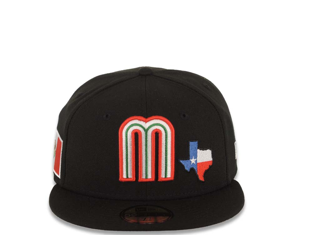 Mexico New Era WBC 59FIFTY 5950 Fitted Cap Hat Black Crown/Visor Team Color Logo With Texas State Map Mexico Flag Side Patch Gray UV