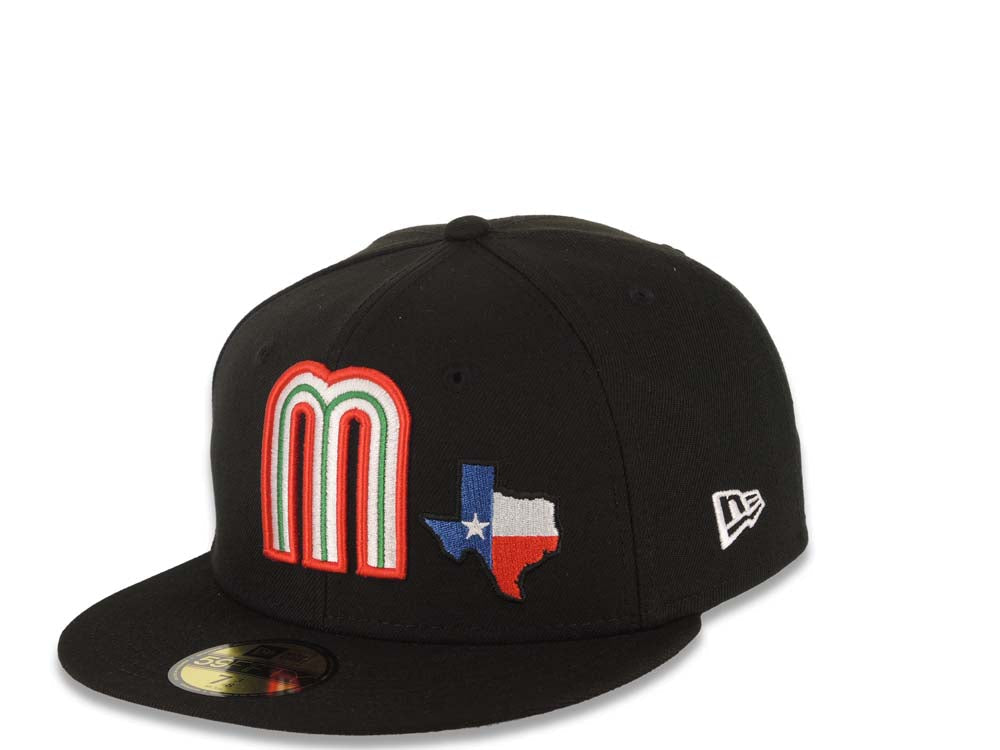 Mexico New Era WBC 59FIFTY 5950 Fitted Cap Hat Black Crown/Visor Team Color Logo With Texas State Map Mexico Flag Side Patch Gray UV
