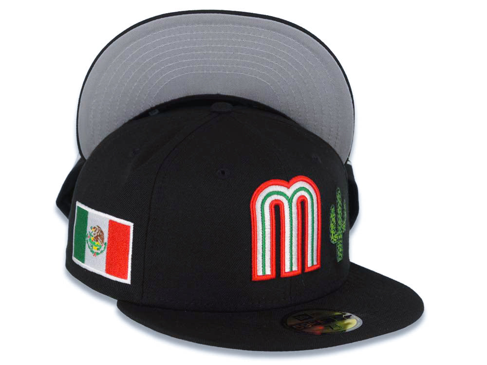 Mexico New Era WBC 59FIFTY 5950 Fitted Cap Hat Black Crown/Visor Team Color Logo with Cactus Mexico Flag Side Patch Gray UV