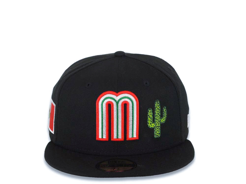 Mexico New Era WBC 59FIFTY 5950 Fitted Cap Hat Black Crown/Visor Team Color Logo with Cactus Mexico Flag Side Patch Gray UV