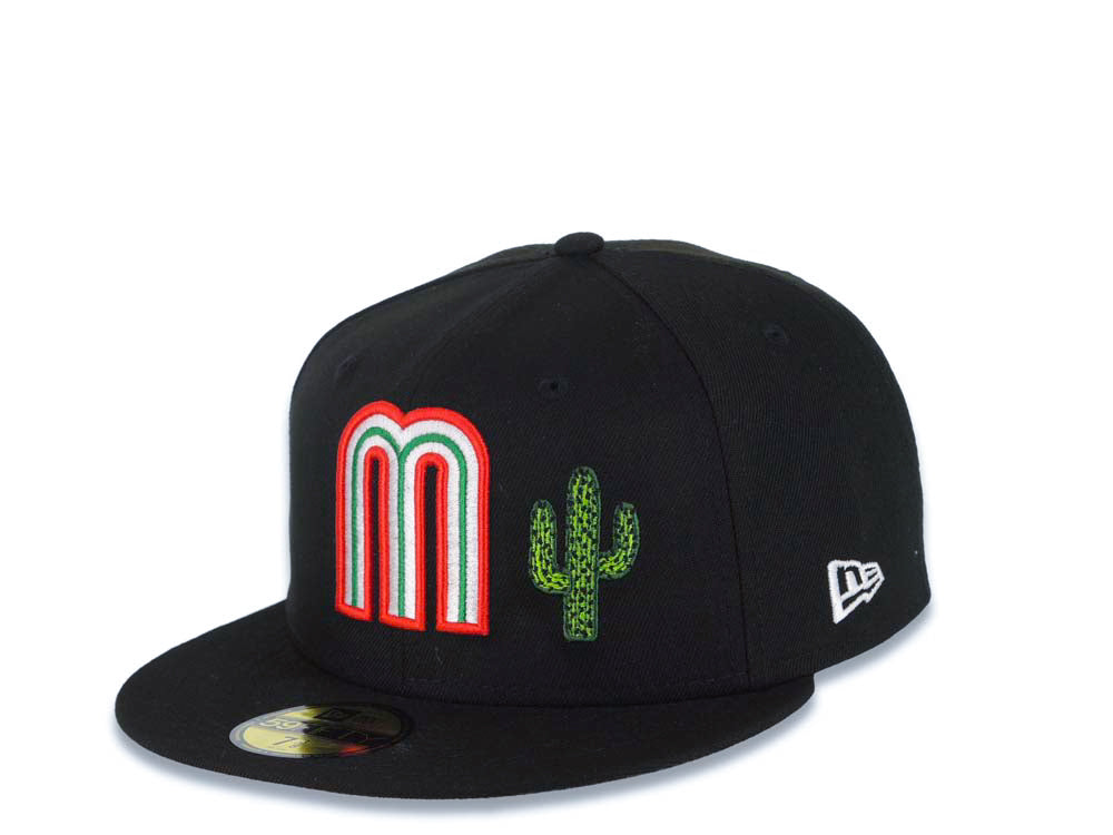 Mexico New Era WBC 59FIFTY 5950 Fitted Cap Hat Black Crown/Visor Team Color Logo with Cactus Mexico Flag Side Patch Gray UV