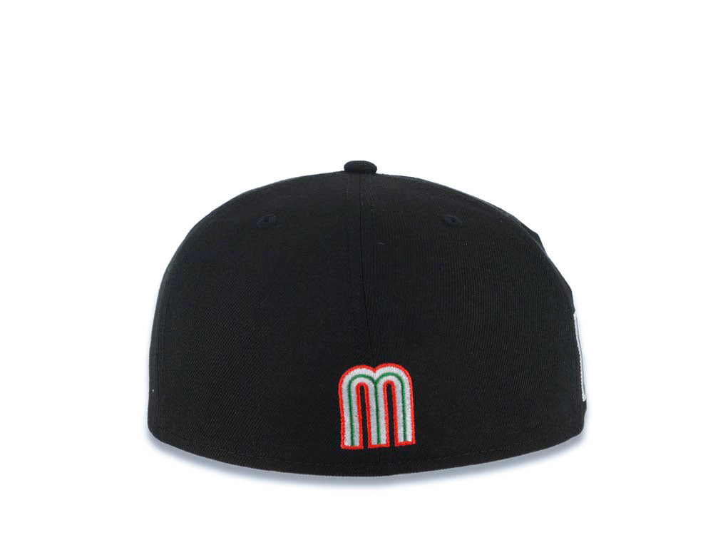 Mexico New Era WBC 59FIFTY 5950 Fitted Cap Hat Black Crown/Visor Team Color Logo with Cactus Mexico Flag Side Patch Gray UV