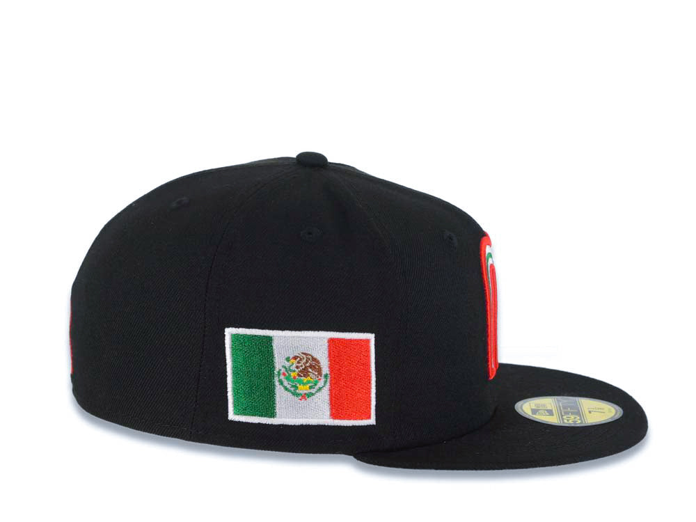 Mexico New Era WBC 59FIFTY 5950 Fitted Cap Hat Black Crown/Visor Team Color Logo with Cactus Mexico Flag Side Patch Gray UV