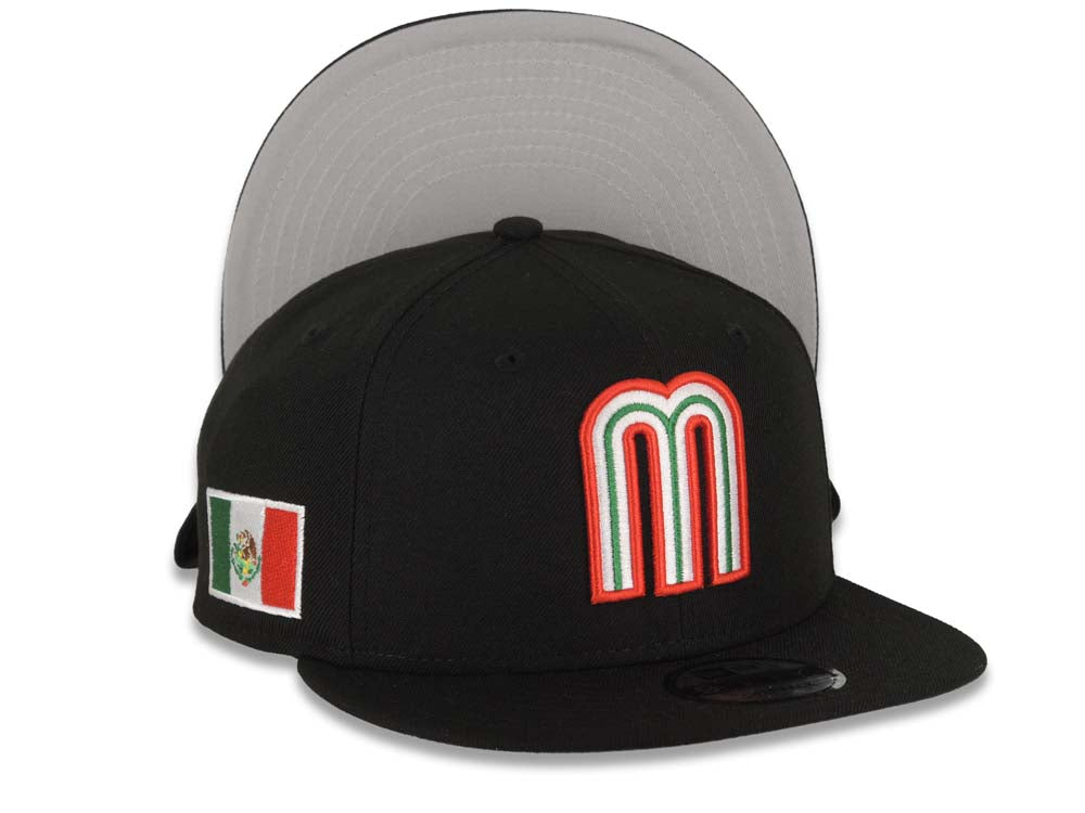 Mexico New Era WBC 9FIFTY 950 Snapback Cap Hat Black Crown/Visor Team Color Logo Mexico Flag Side Patch Gray UV