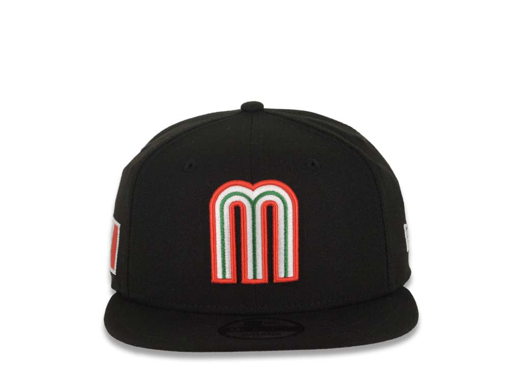 Mexico New Era WBC 9FIFTY 950 Snapback Cap Hat Black Crown/Visor Team Color Logo Mexico Flag Side Patch Gray UV
