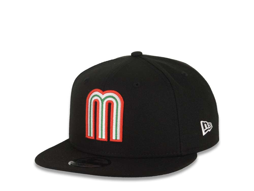 Mexico New Era WBC 9FIFTY 950 Snapback Cap Hat Black Crown/Visor Team Color Logo Mexico Flag Side Patch Gray UV